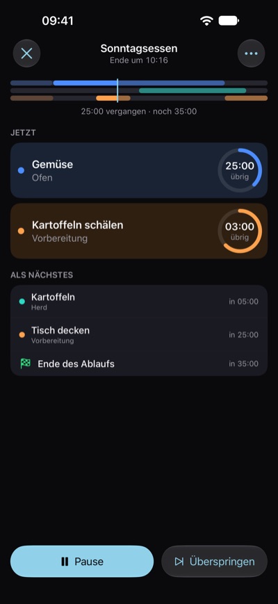 Der Player von Polycue mit dem laufenden Sonntagsessen: oben die Endzeit, unter Jetzt Gemüse und Kartoffeln schälen mit ihrer Restzeit, unter Als Nächstes Kartoffeln und Tisch decken.