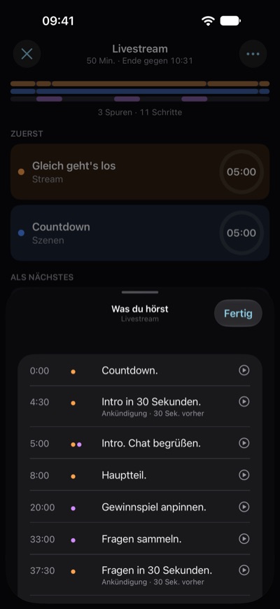 Was du hörst für den Livestream vor dem Start: jeder Satz, den Polycue sagen wird, jeweils mit seiner Zeit, ab dem Countdown.