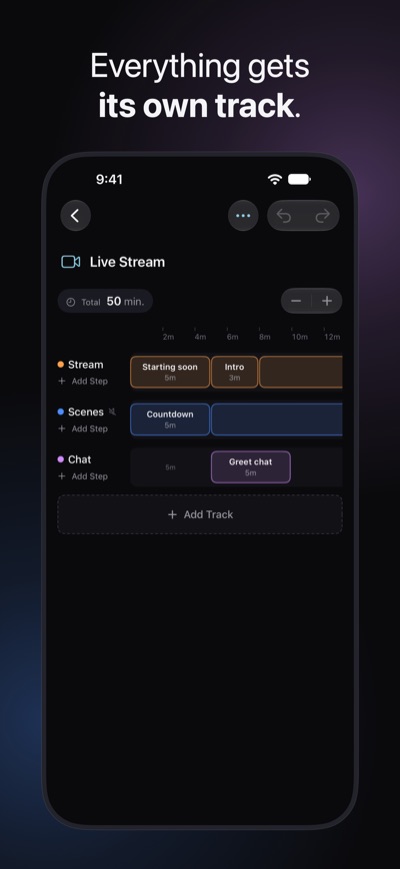 Everything gets its own track. The editor with Live Stream: three tracks, Stream, Scenes and Chat, with the steps of the stream's first part on one timeline, 50 min in total.