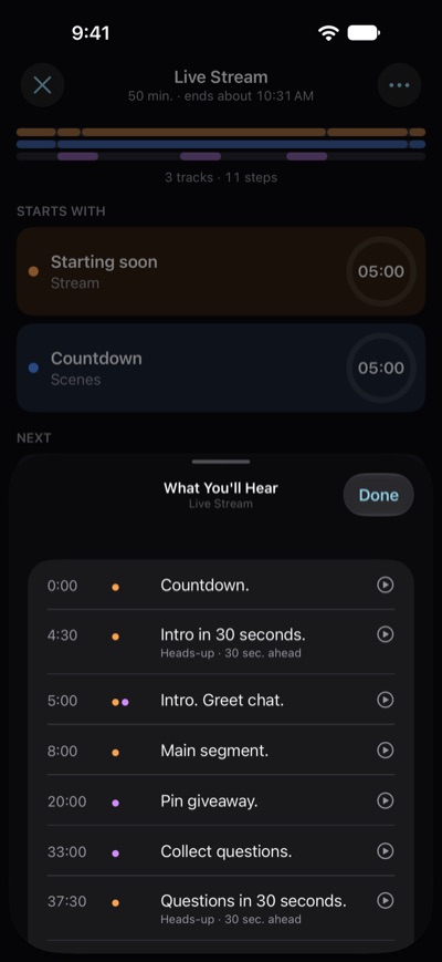 What You'll Hear for Live Stream: every spoken sentence with its time, and the now-line just before the heads-up for Q&A.